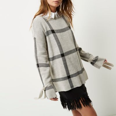 Grey check print knit jumper